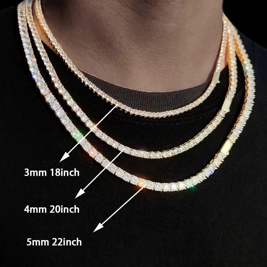 gold iced out tennis chain size chart in 3mm, 4mm and 5mm - clearquartzshop
