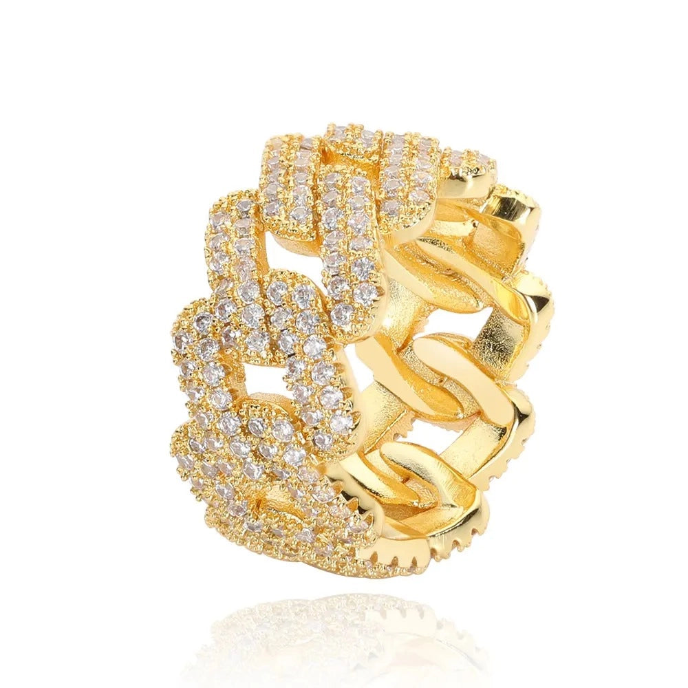 gold iced prong cuban link ring for men and women - hip hop jewelry by clearquartzshop