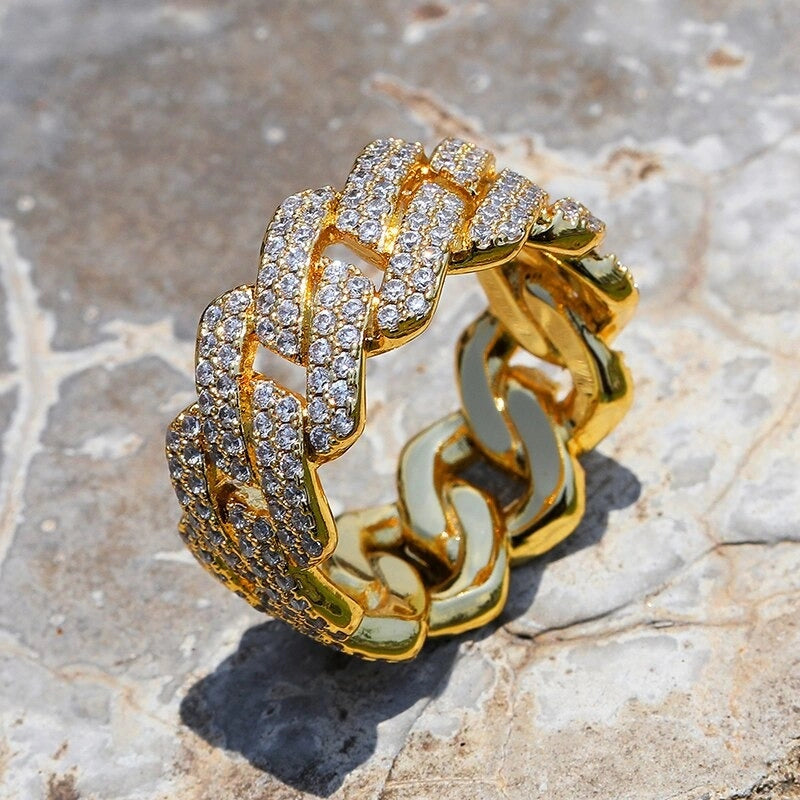 gold iced out prong cuban link ring - statement jewelry by clearquartzshop