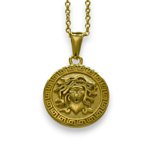 18k gold plated medusa pendant for men and women made from stainless steel with chain | mythology necklace by clearquartzshop