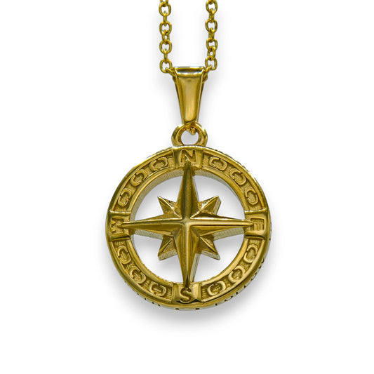 18k gold plated north star compass pendant made in stainless steel with chain | unisex urban necklace by clearquartzshop