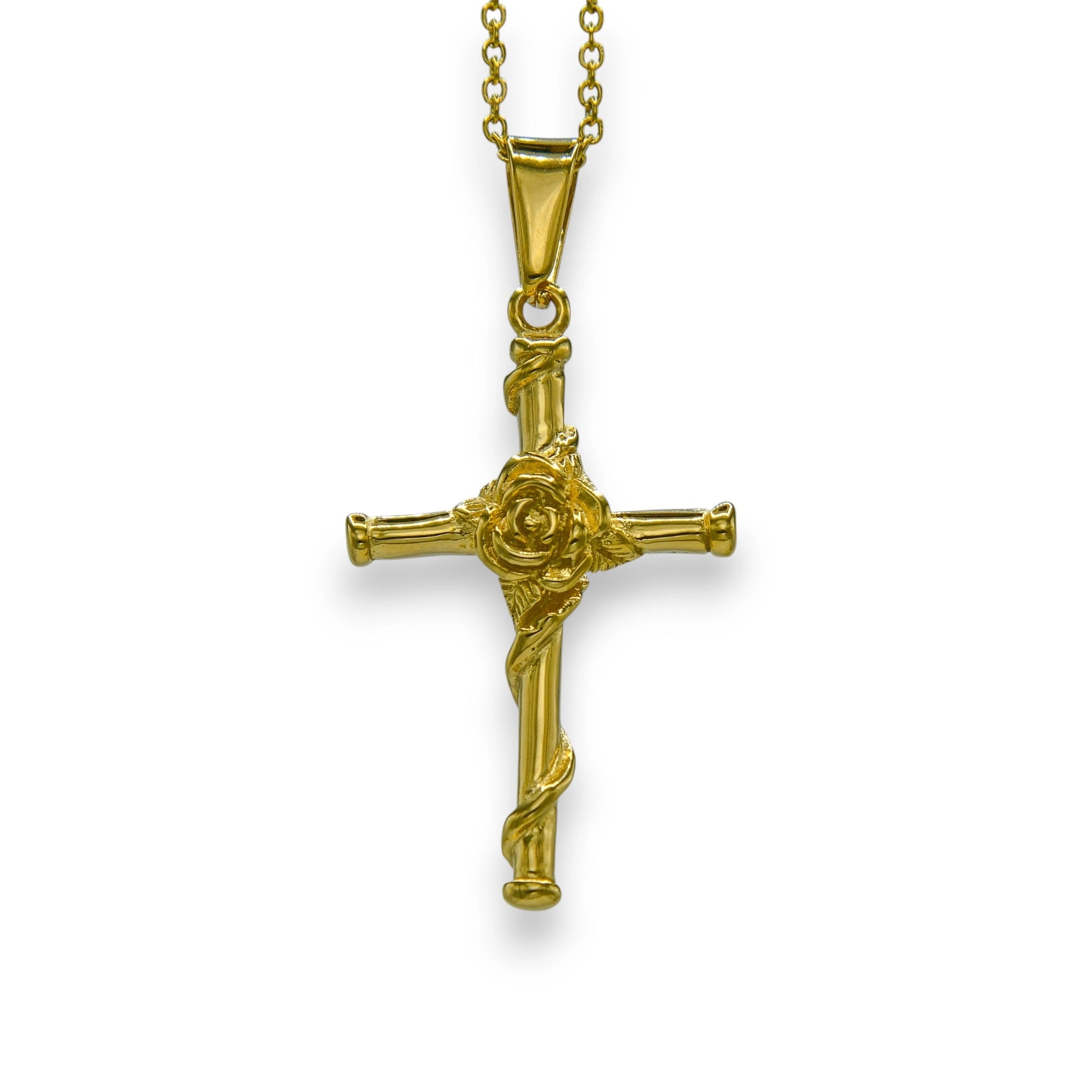 18k gold plated rose cross pendant made from stainless steel with chain | unisex christian necklace by clearquartzshop