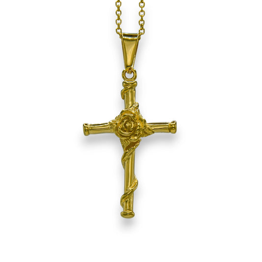 18k gold plated rose cross pendant made from stainless steel with chain | unisex christian necklace by clearquartzshop