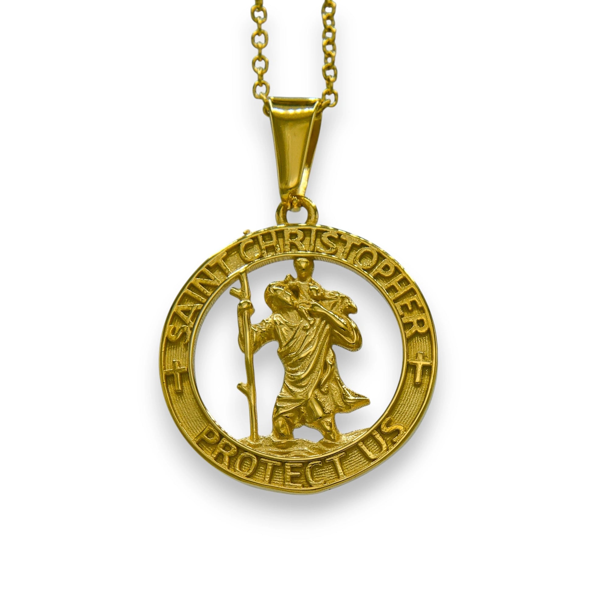18k gold plated saint christopher pendant for men and women made from stainless steel | statement necklace by clearquartzshop