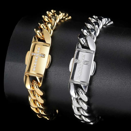 gold and silver 12mm miami cuban link bracelet with iced out cross clasp - religious jewelry from clearquartzshop