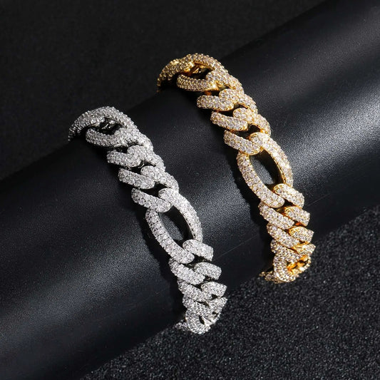 gold and silver iced figaro prong cuban link bracelet for men and women - italian jewelry from clearquartzshop