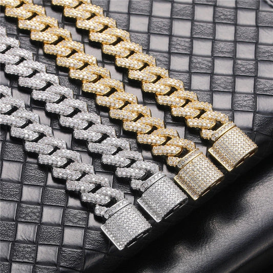 gold and silver 14mm iced out prong cuban link chain for men and women - white gold cz necklace from clearquartzshop