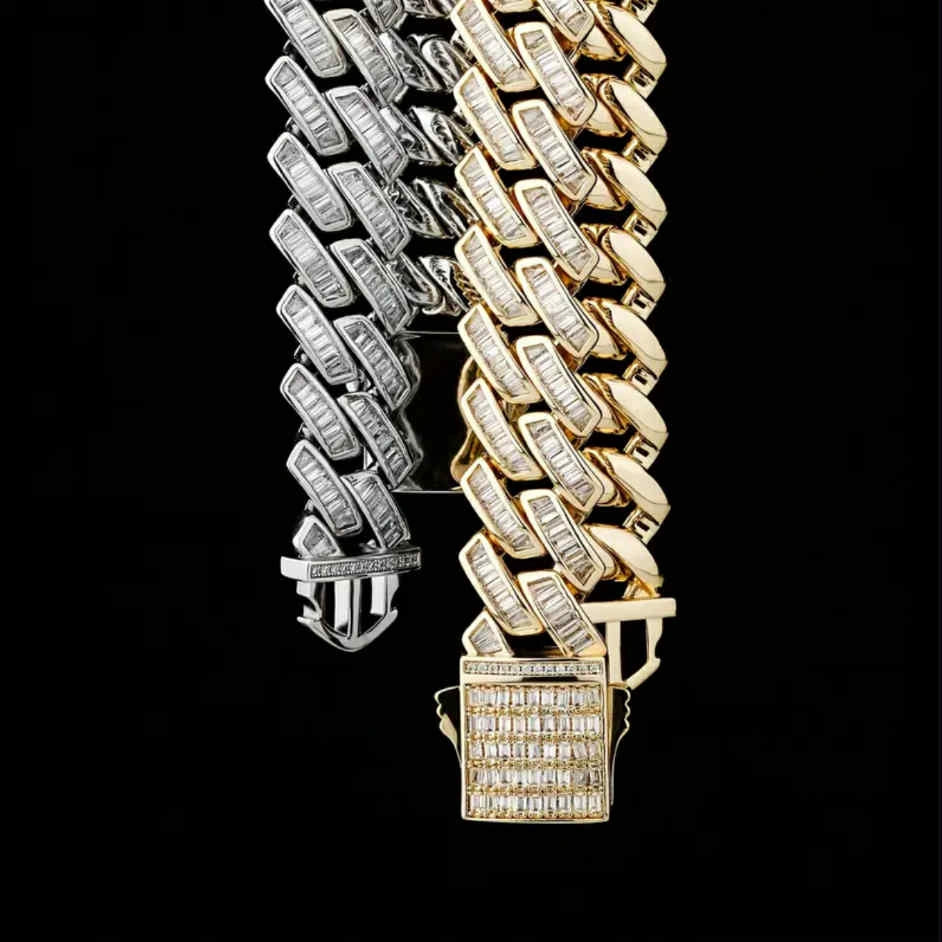 18mm iced out baguette prong cuban link chain in gold and silver - night out jewelry by clearquartzshop