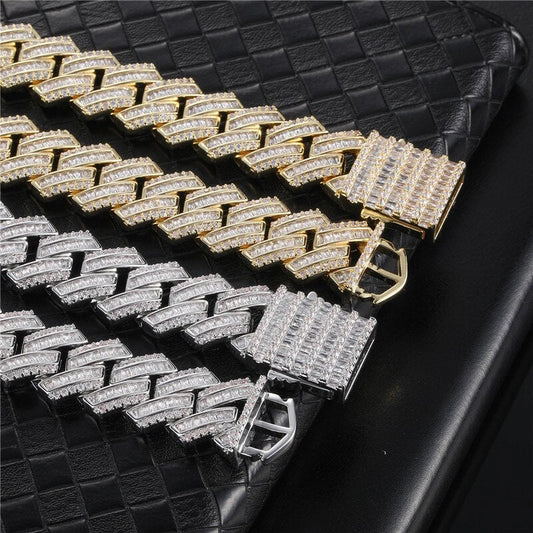 19mm iced out double row baguette prong cuban link chain in gold and silver  - streetwear necklace by clearquartzshop