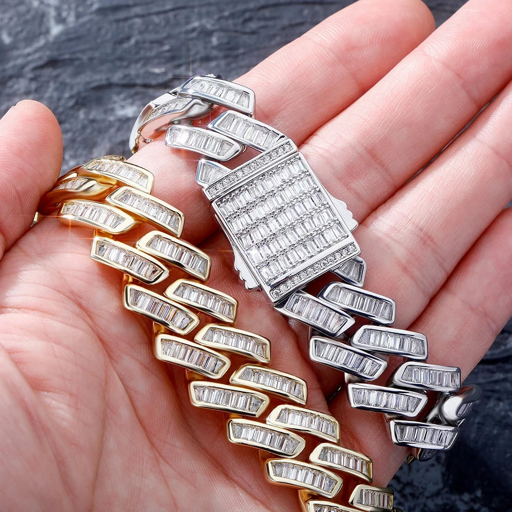 gold and silver 18mm iced out baguette prong cuban link bracelet - unisex bold jewelry by clearquartzshop