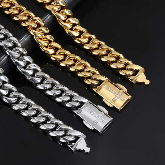 miami cuban link chain in gold and silver with diamond clasp – unisex stainless steel jewelry from clearquartzshop