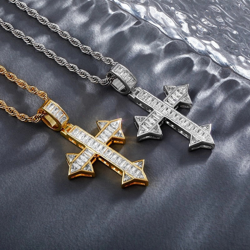 gold and silver iced baguette celtic cross necklace with rope chain - bold jewelry by clearquartzshop