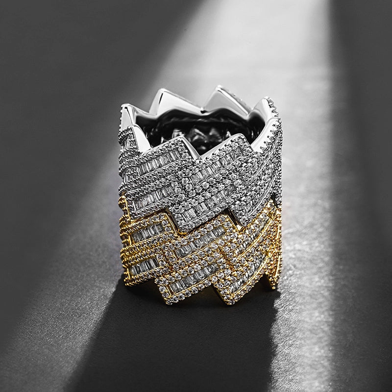 iced out baguette prong cuban link ring in gold and silver - three row design by clearquartzshop