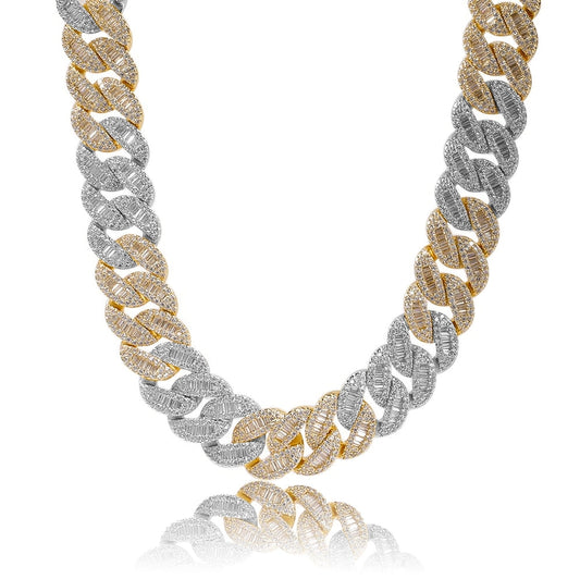 gold and silver two tone 15mm iced out baguette cuban link chain for men and women - hip hop necklace by clearquartzshop