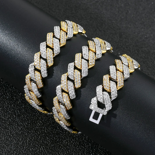 gold and silver two tone 14mm iced out prong cuban link chain - unisex rap jewelry by clearquartzshop