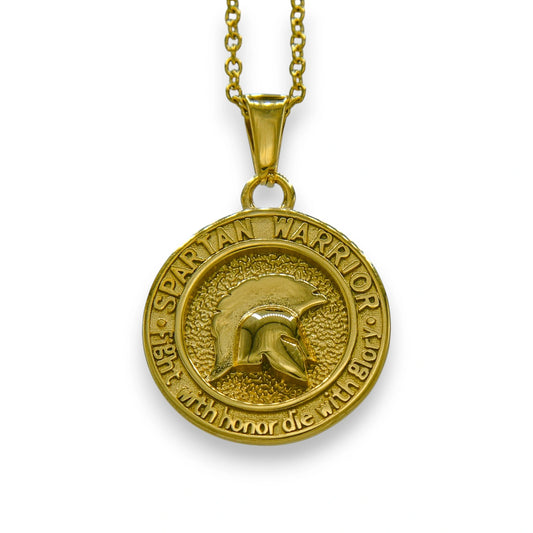 18k gold spartan warrior pendant made from stainless steel with chain | unisex urban jewelry by clearquartzshop