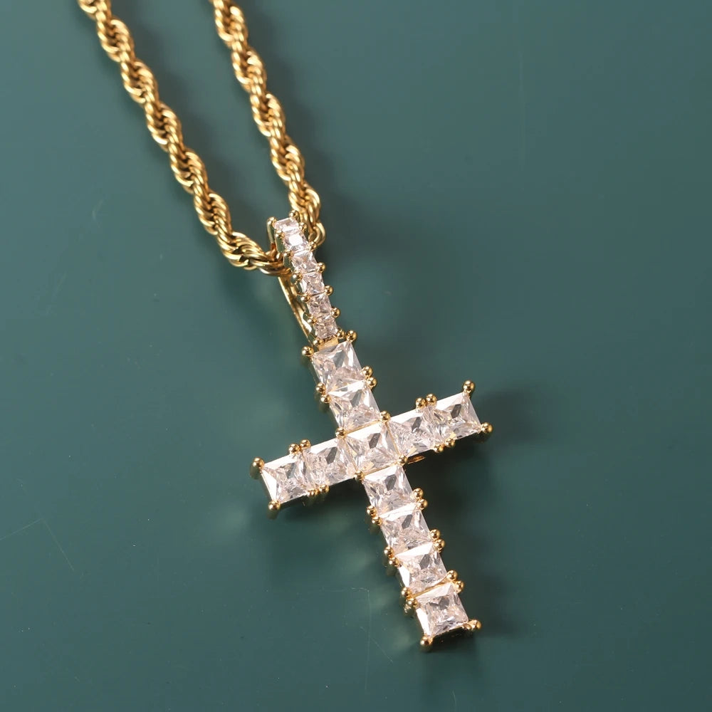 square cut iced out cross pendant in gold with stainless steel necklace - religious chain by clearquartzshop