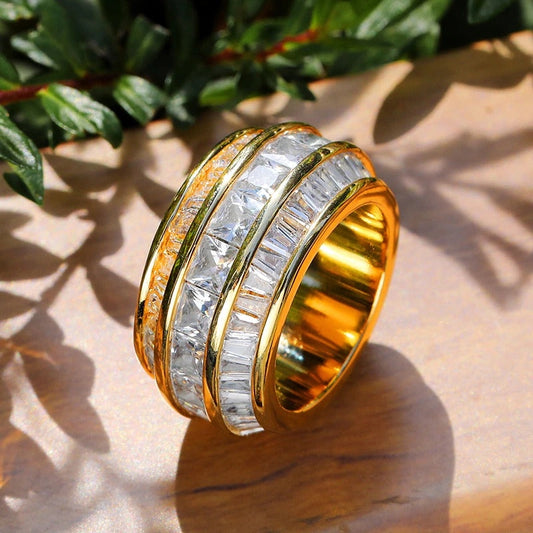 gold three row baguette cuban link ring - streetwear jewelry by clearquartzshop
