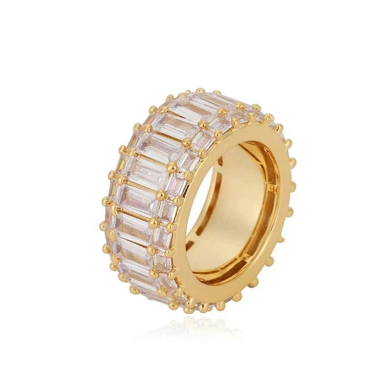 gold 12mm three row iced out baguette cuban link ring for men and women - statement band by clearquartzshop
