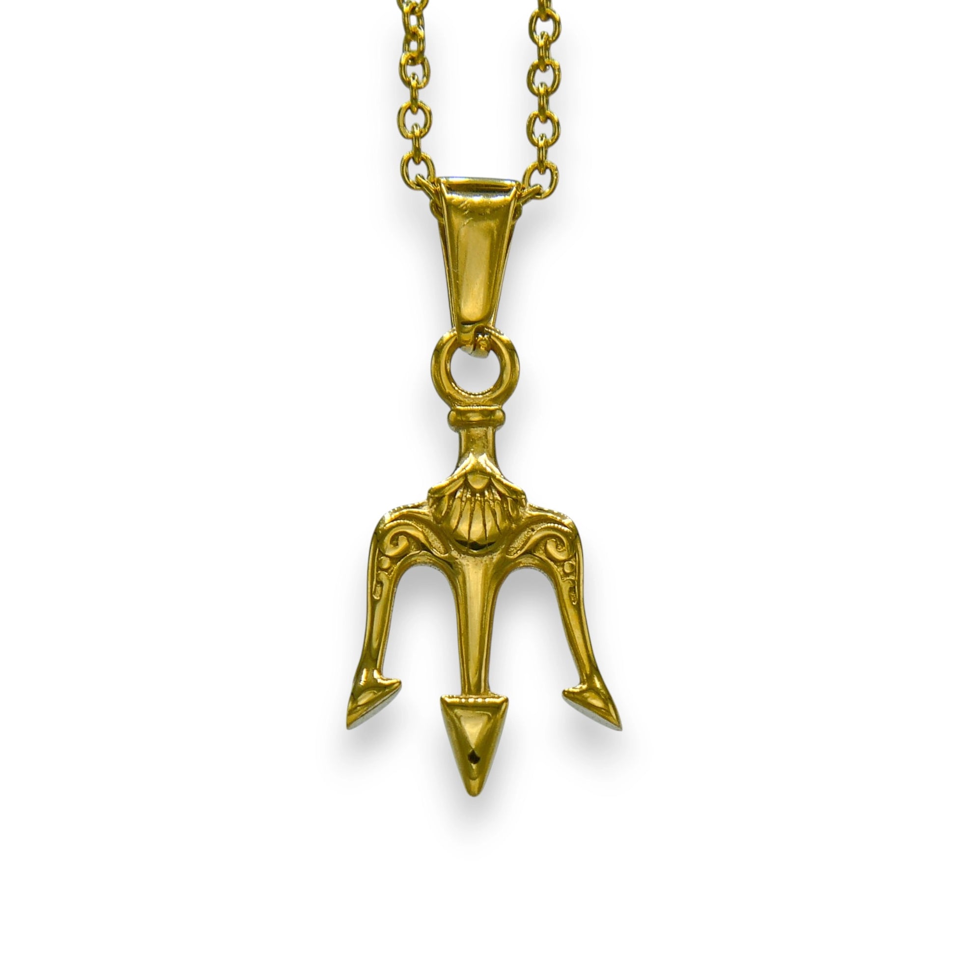 18k gold plated trident pendant for men and women made from stainless steel with chain | poseidon necklace by clearquartzshop