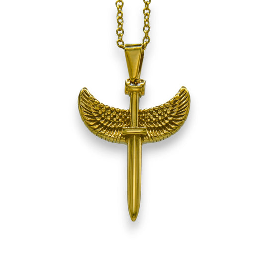 18k gold plated winged sword pendant made from stainless steel with chain | unisex fashion necklace by clearquartzshop
