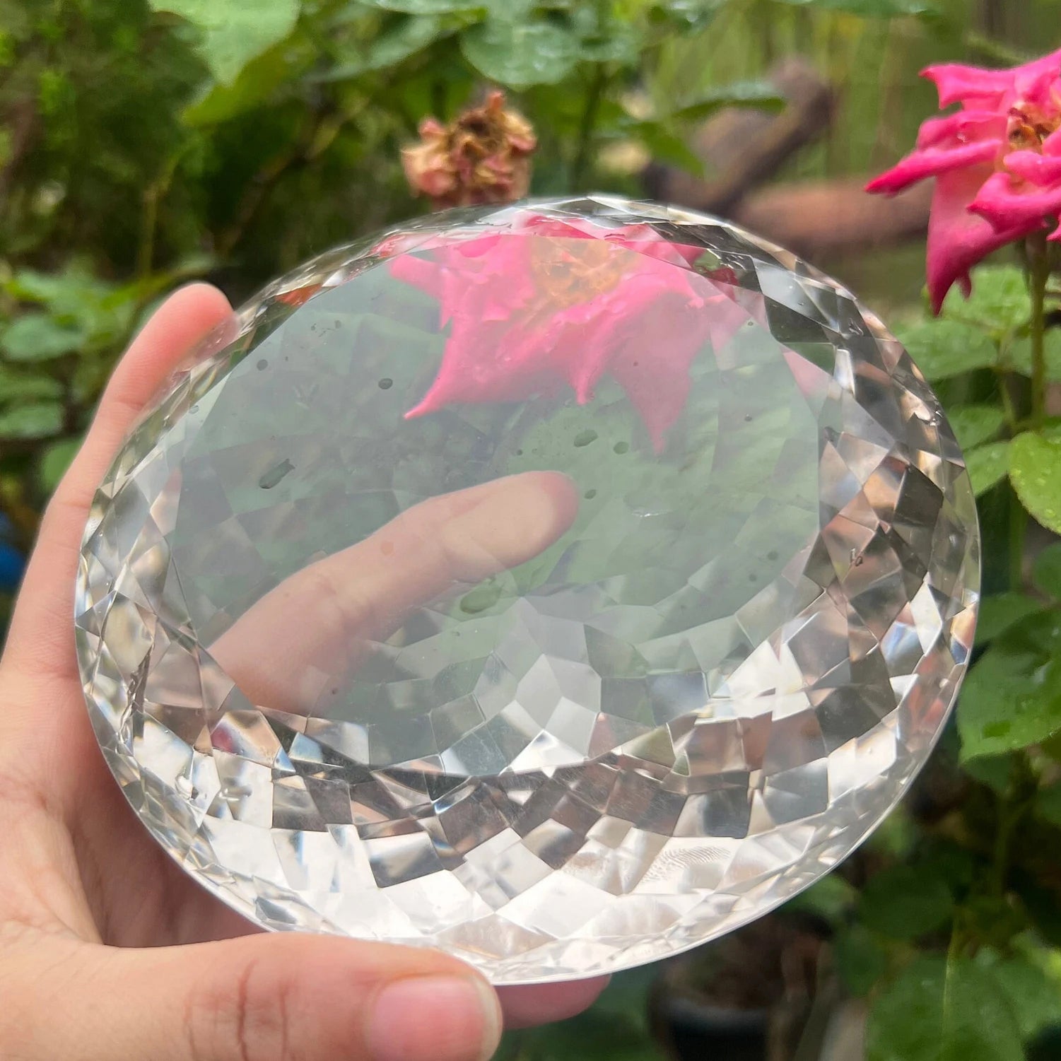 4035 carat flawless massive indian clear quartz spherical faceted gemstone, highlighting its facets - clearquartzshop