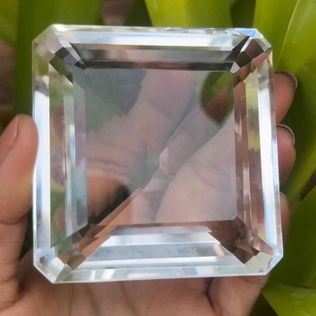top view of the 950 carat flawless indian clear quartz emerald square cut gemstone - clearquartzshop