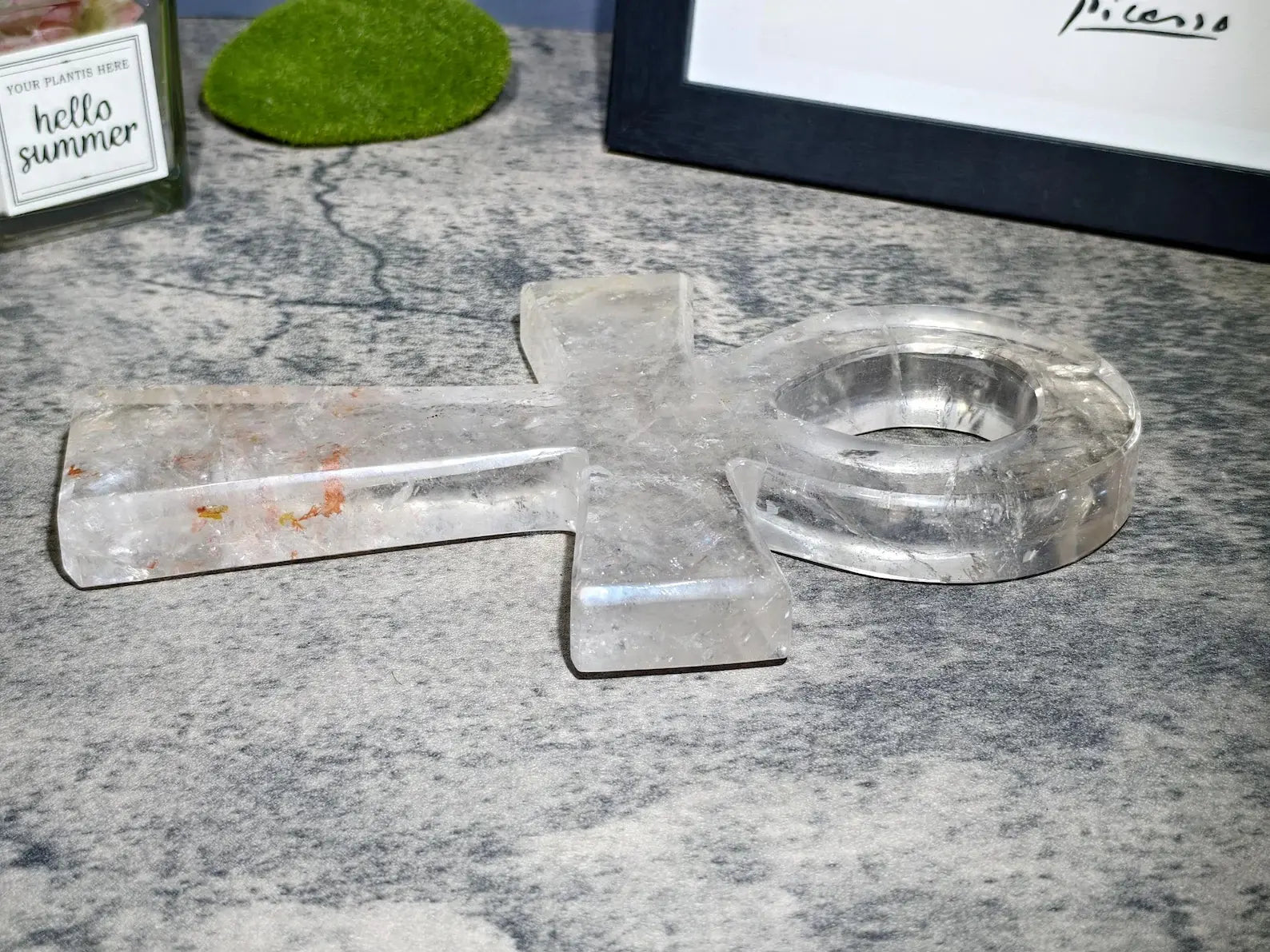side view of the 2500ct clear quartz ankh cross crystal, displaying its thickness and polished finish - clearquartzshop