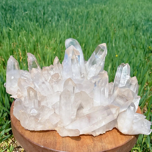 large natural clear quartz crystal cluster on wooden base displayed on green grass - clearquartzshop