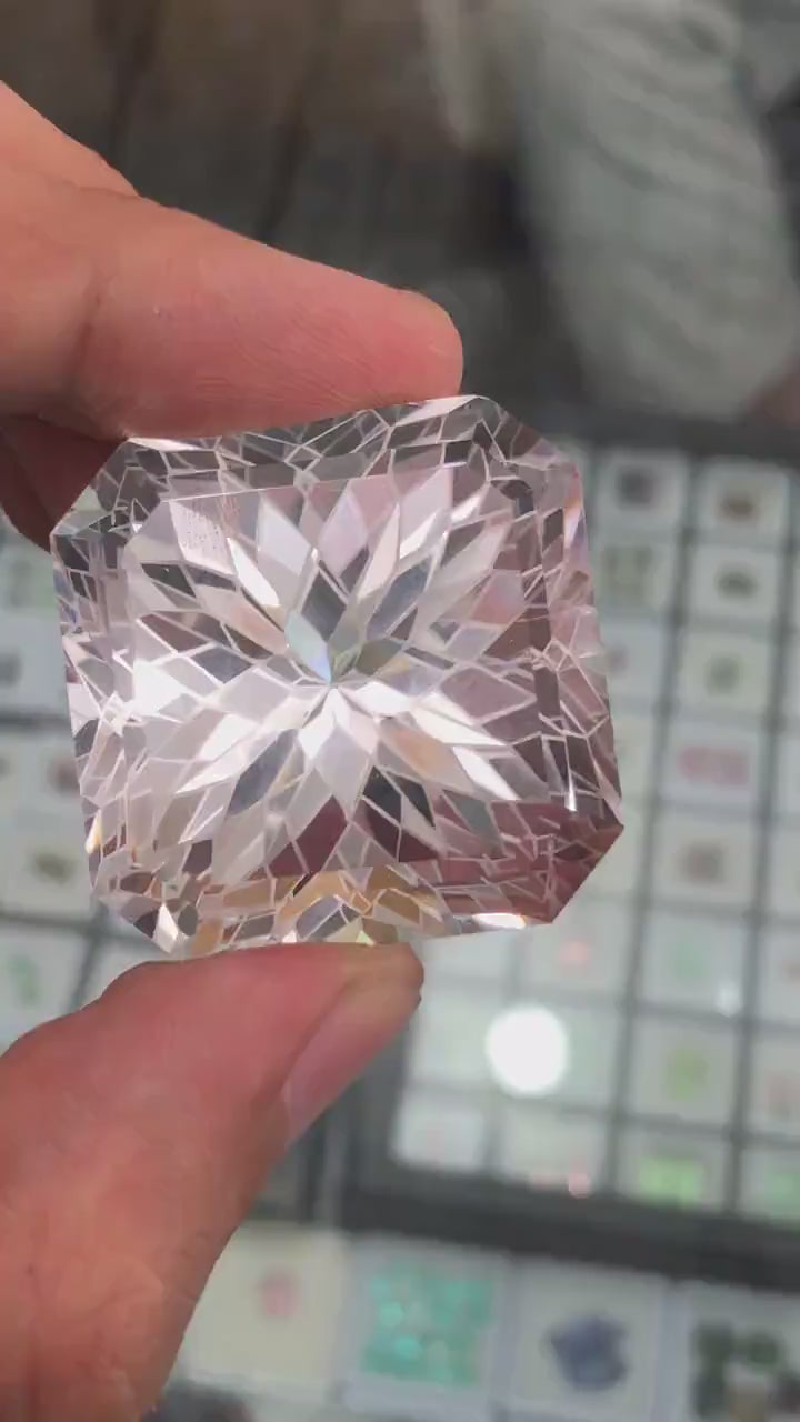 185 carat flawless pakistani clear quartz flower fantasy cut faceted gemstone - clearquartzshop