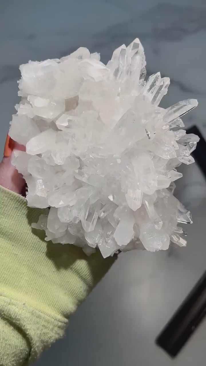 rotating video of Arkansas clear quartz cluster with spiky formation - clearquartzshop