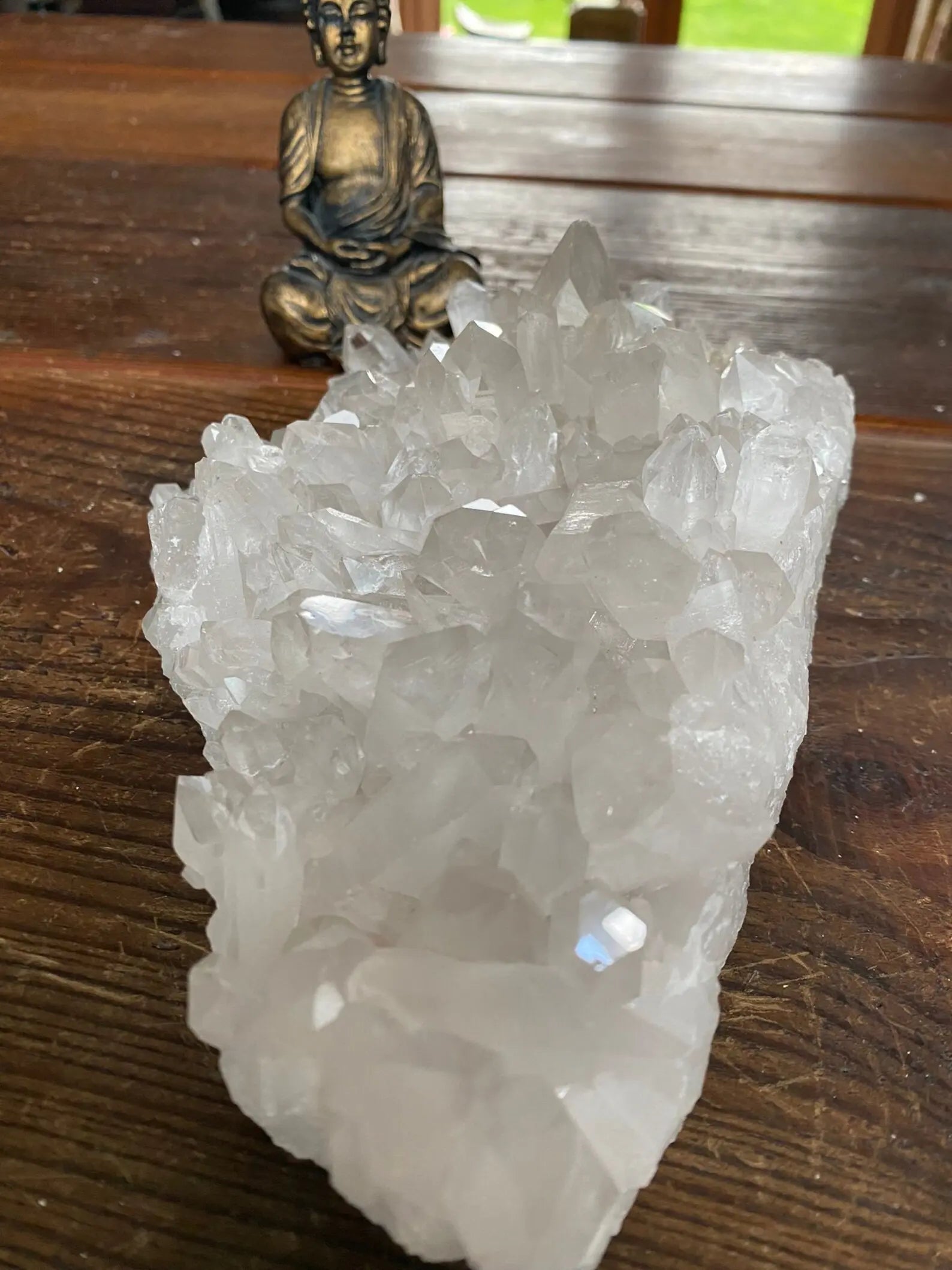 close-up of clear quartz crystal cluster showing high clarity and fine terminations - clearquartzshop
