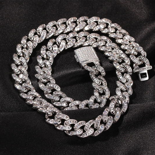 silver 10mm iced out baguette cuban link chain for men and women - rap necklace by clearquartzshop