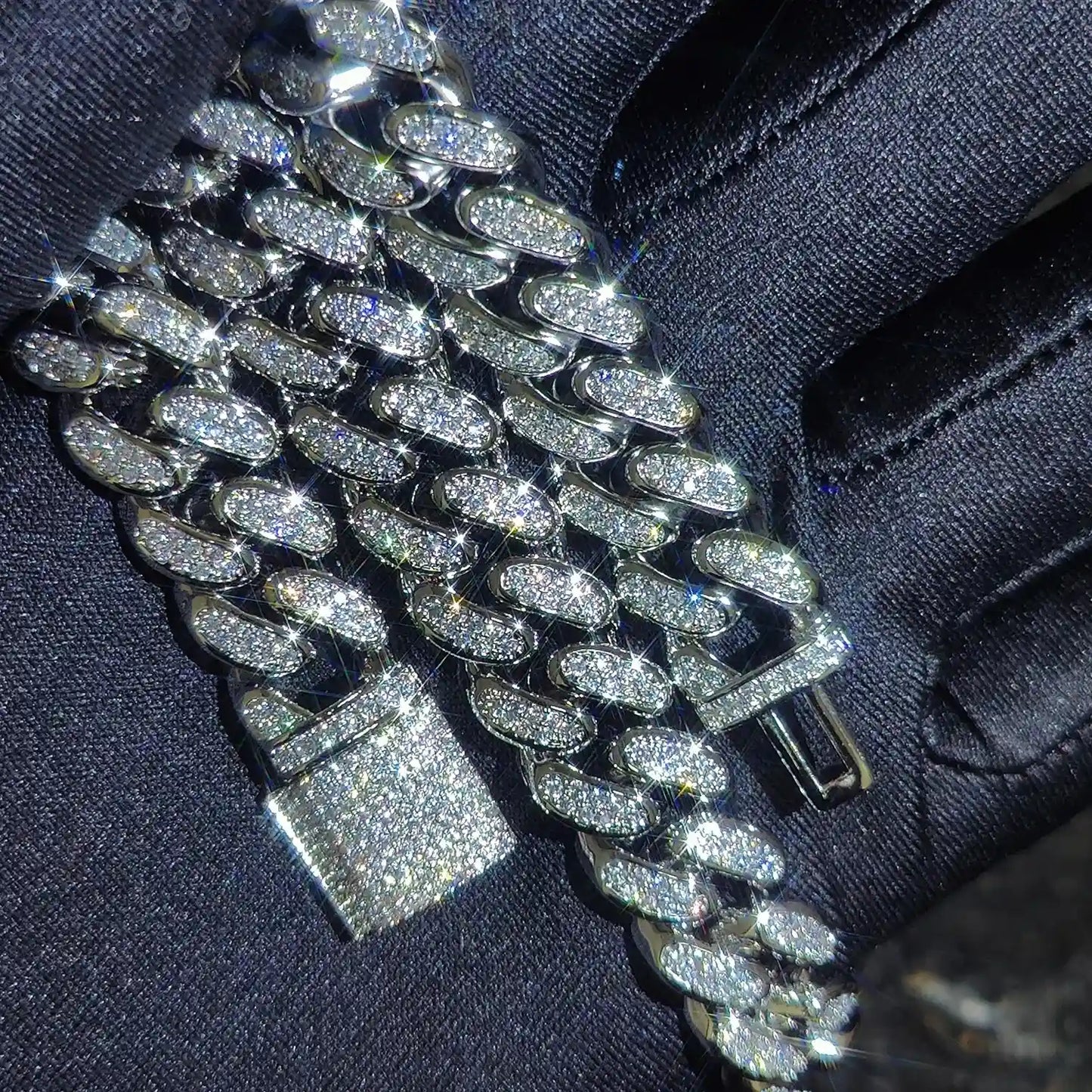 silver 12mm iced out cuban link chain with cubic zirconia - white gold unisex party jewelry by clearquartzshop