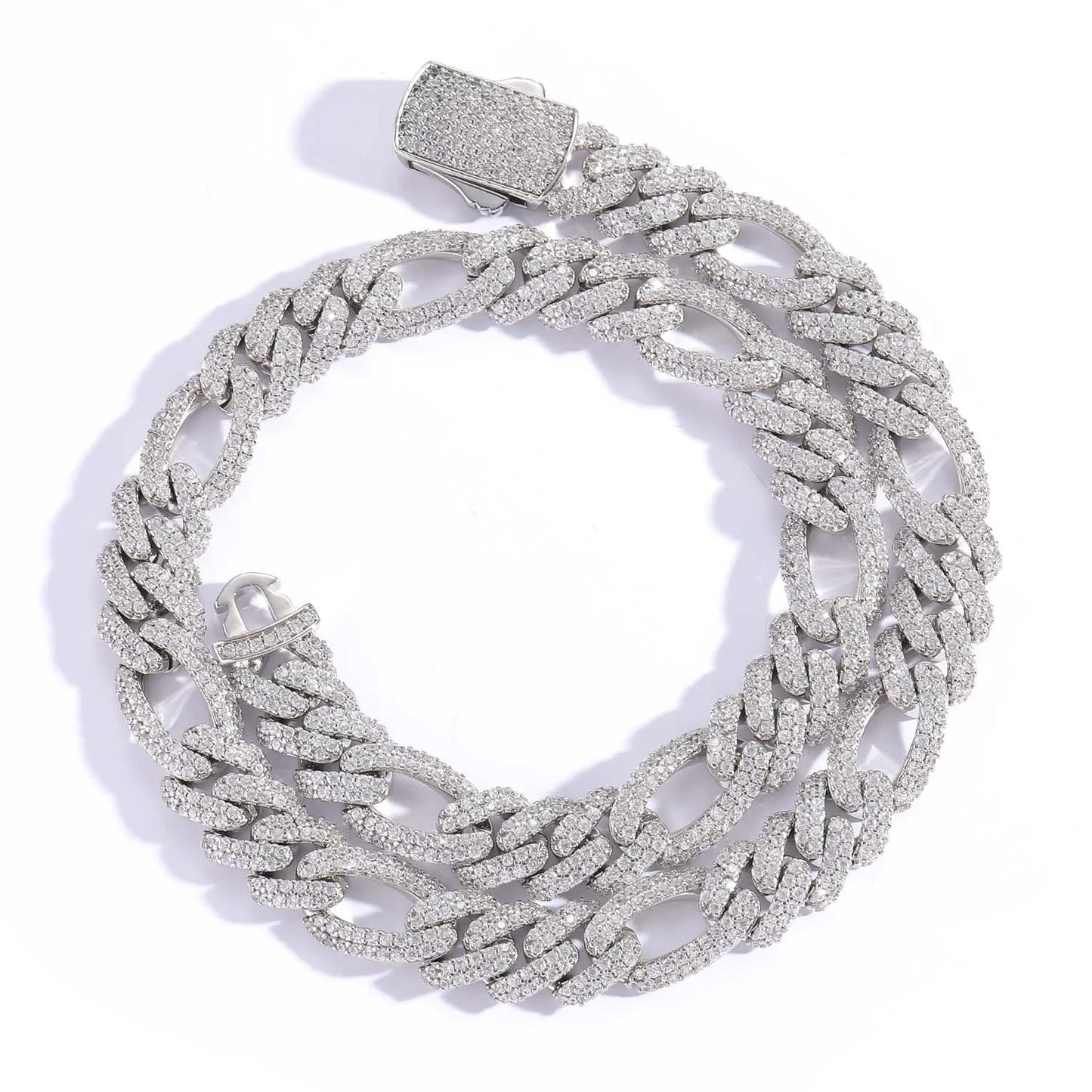 silver 12mm iced out figaro prong cuban link chain for men and women - white gold night out jewelry by clearquartzshop