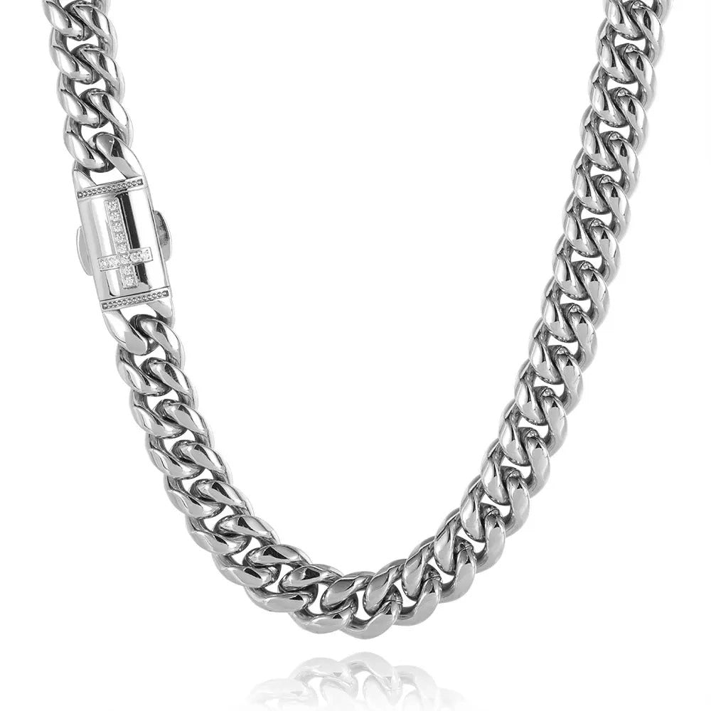 silver 12mm miami cuban link chain with diamond clasp built from stainless steel for men and women by clearquartzshop