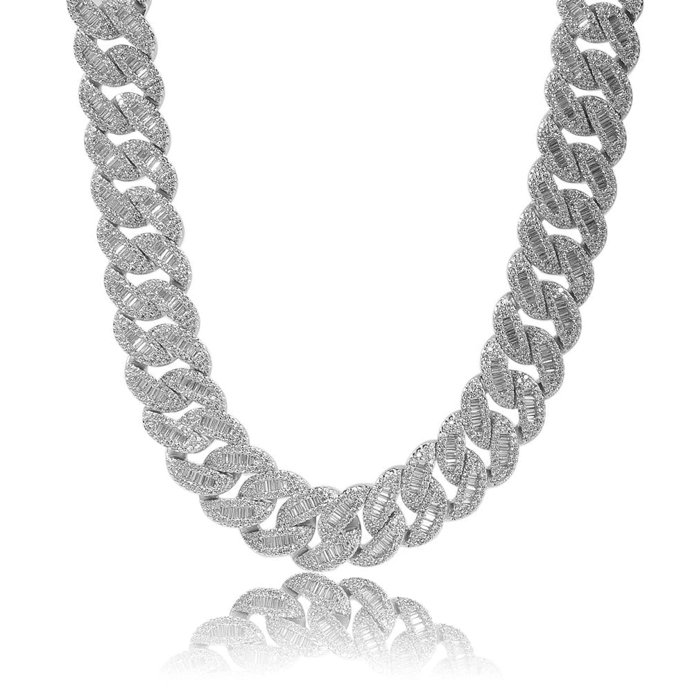 silver 15mm iced out baguette cuban link chain for men and women - white gold luxury necklace by clearquartzshop