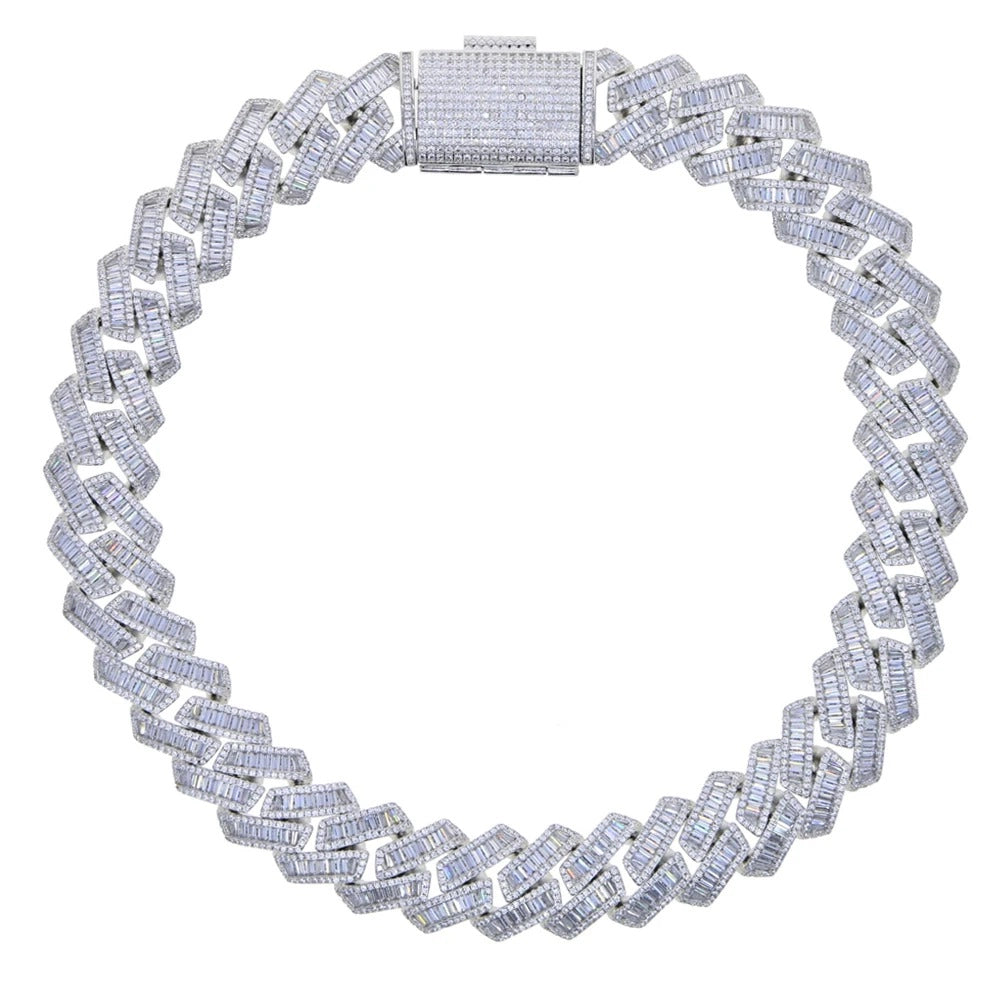 silver 17mm triple row iced baguette prong cuban link chain for men and women - white gold hip hop jewelry clearquartzshop