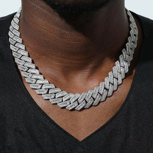 silver 17mm three row iced out baguette prong cuban link chain - unisex white gold hip hop necklace by clearquartzshop