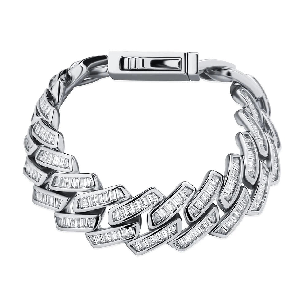 silver 18mm baguette prong cuban link bracelet for men and women - urban jewelry by clearquartzshop