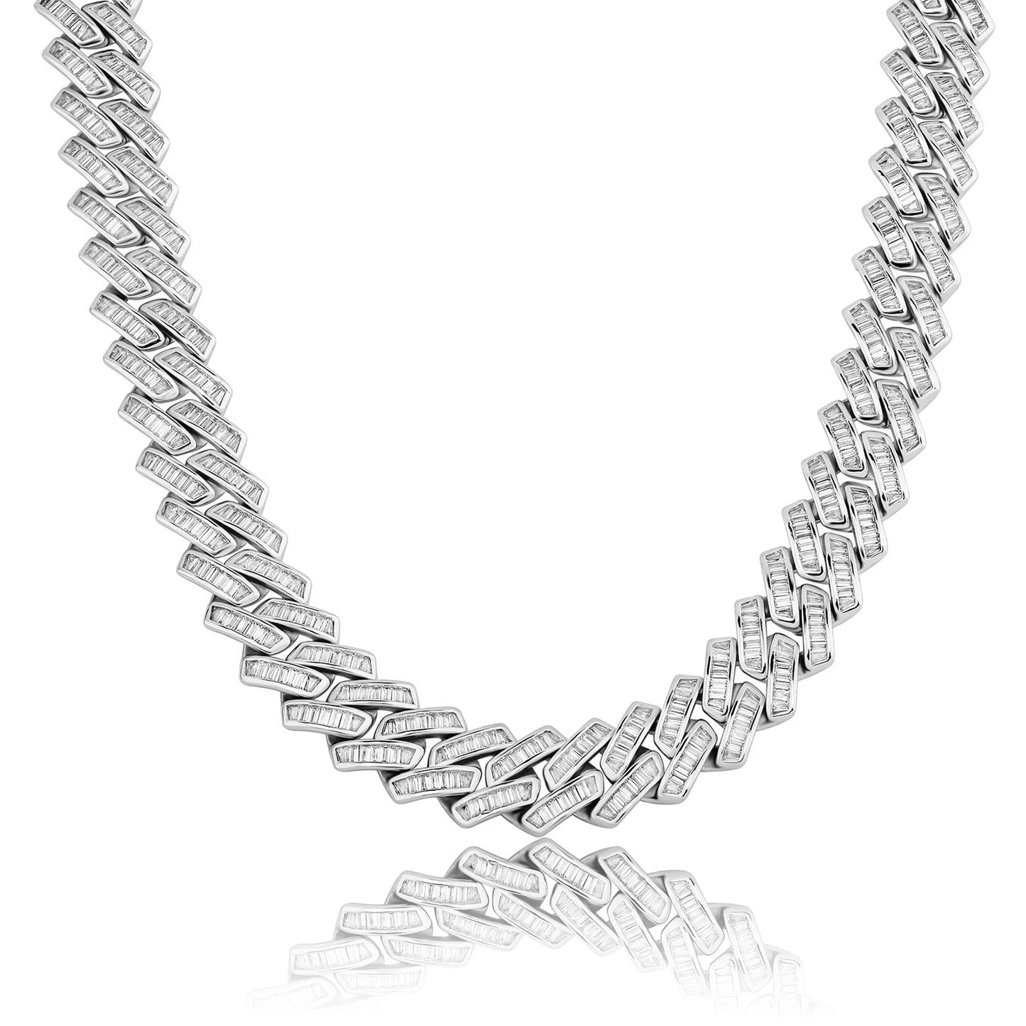 silver 18mm iced out baguette prong cuban link chain for men and women - white gold fashion necklace by clearquartzshop