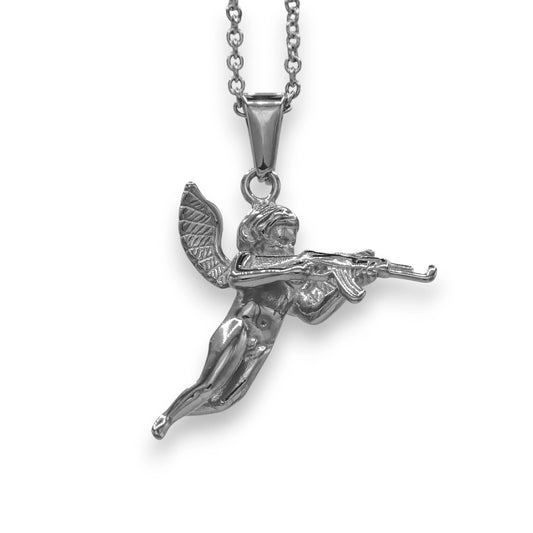 silver angel with gun pendant made from stainless steel with chain | white gold unisex streetwear necklace by clearquartzshop