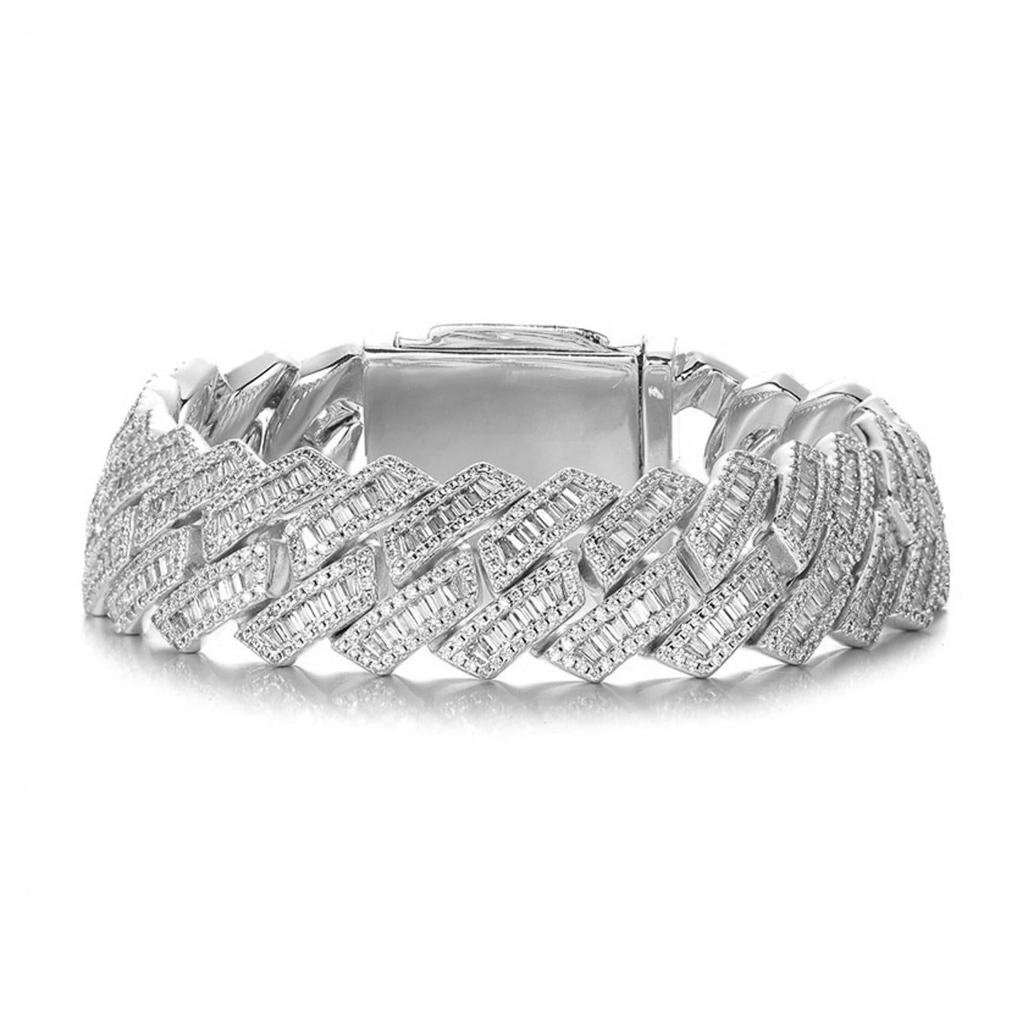 silver 17mm baguette prong cuban link bracelet for men and women - triple row fashion jewelry by clearquartzshop