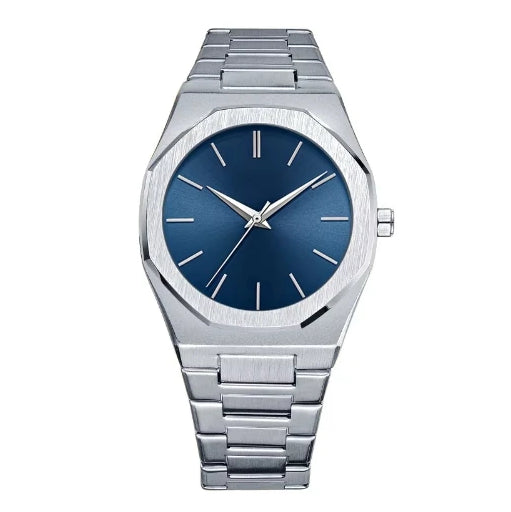 blue dial stainless steel everyday silver watch for men and women by clearquartzshop
