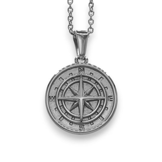 silver compass pendant made from stainless steel with cable chain | white gold unisex urban jewelry by clearquartzshop