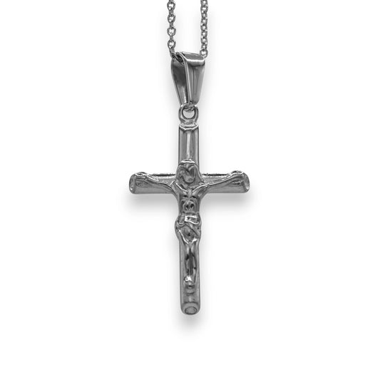 silver cross pendant made from stainless steel with cable chain | 18k white gold unisex faith jewelry by clearquartzshop