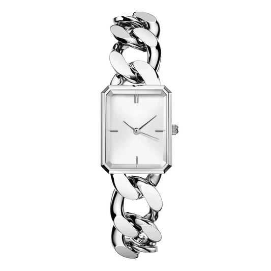silver cuban link watch with white dial made from stainless steel for men and women at clearquartzshop