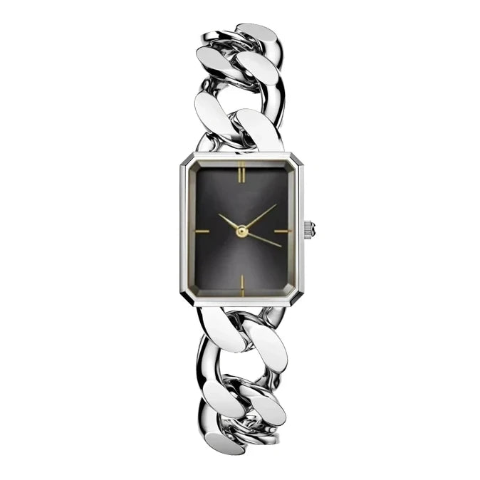 silver cuban link watch with black dial made from stainless steel for men and women at clearquartzshop