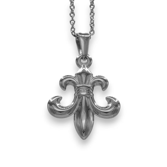 silver fleur de lis pendant crafted from stainless steel with chain | white gold unisex night out necklace by clearquartzshop