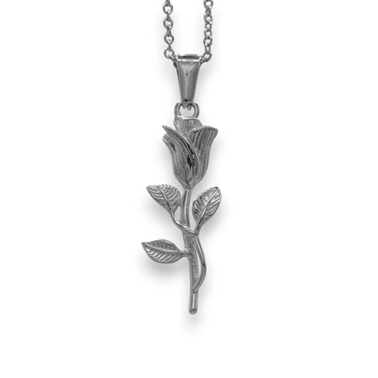 silver flower pendant for men and women crafted from stainless steel with chain | white gold rose necklace by clearquartzshop